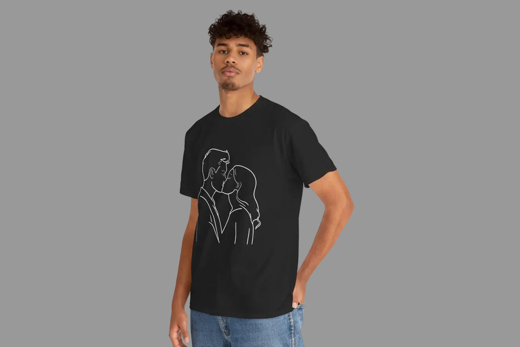 Minimal Line Art Couple Kissing T-Shirt, Romantic Unisex Cotton Tee, Simple Love Illustration Shirt, Modern Relationship Gift