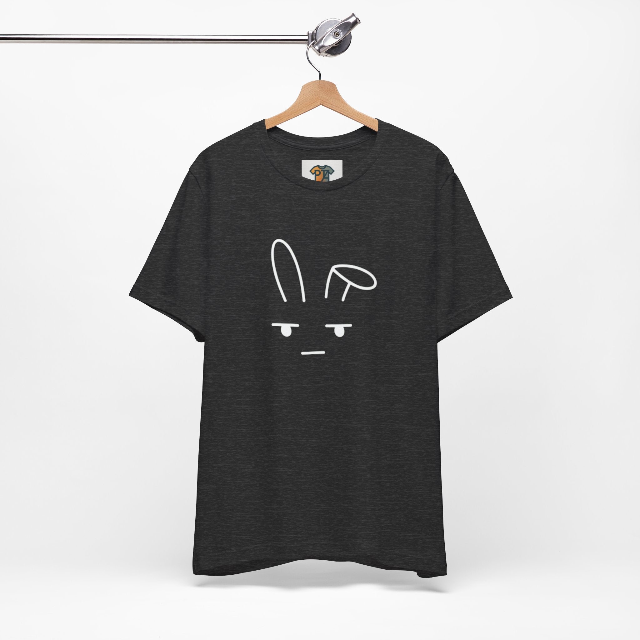 Deadpan Bunny T-Shirt – Minimalist Easter Graphic Tee, Funny Unisex Rabbit Shirt, Bella Canvas 3001 Dark Heather