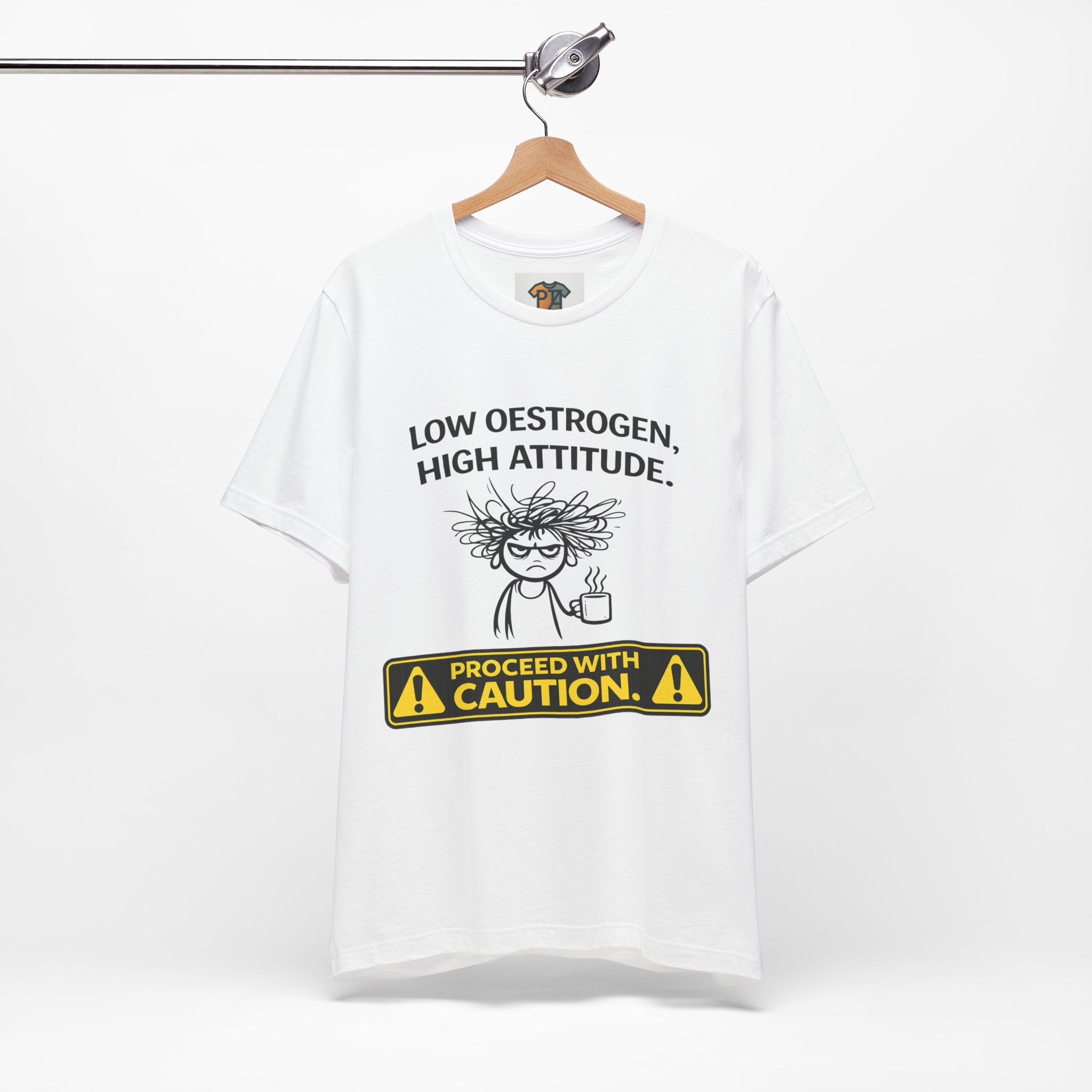 Low Oestrogen High Attitude T-Shirt – Funny Menopause Shirt for Women – Aussie Hormone Humour Tee – Perimenopause Gift – Proceed With Caution Graphic Top
