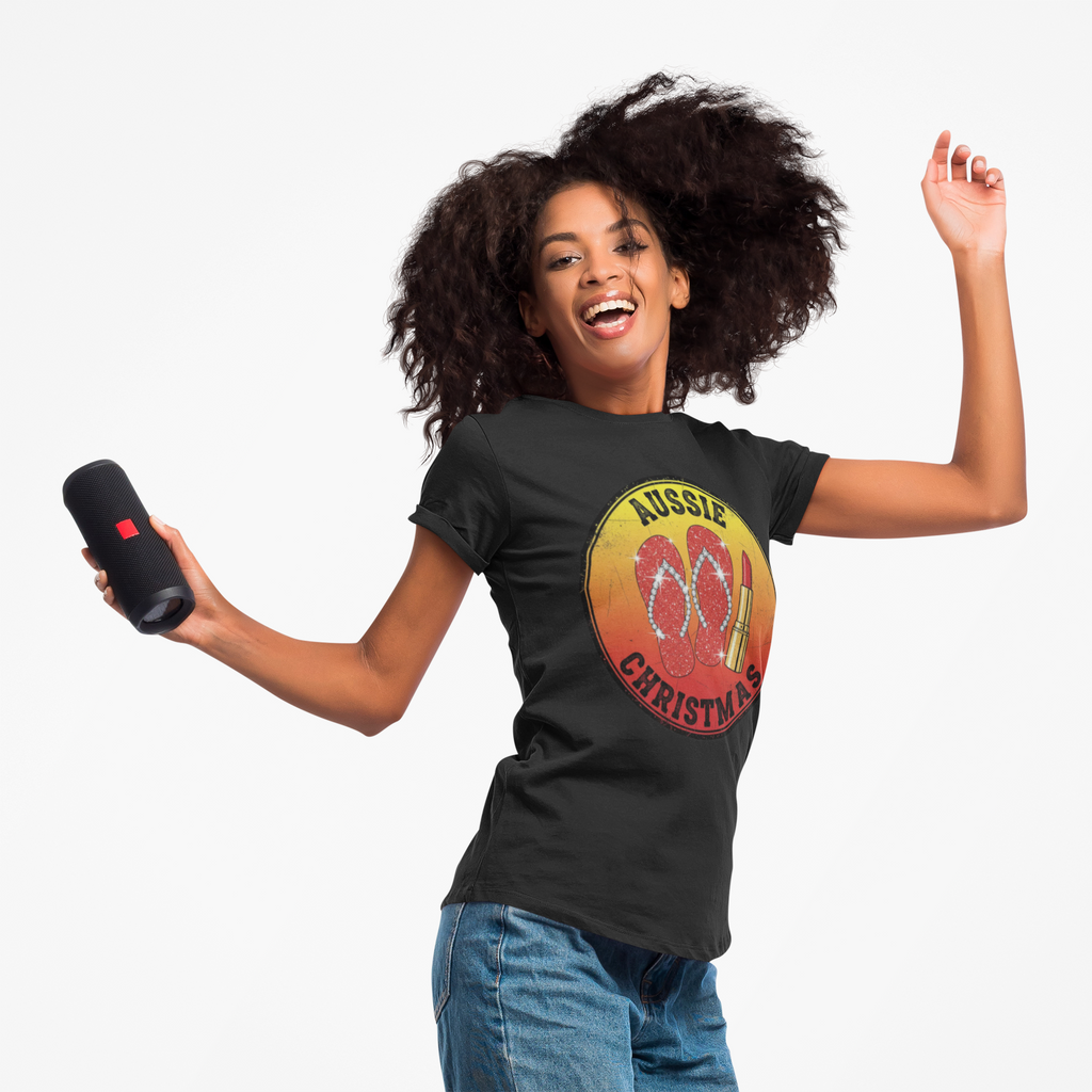 Women's Tee - Aussie Christmas Glam Diamenti Thongs and Lipstick Design