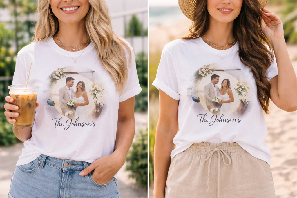 Wedding Photo Personalized T-Shirt — Custom "The Johnson's" Bridal Keepsake