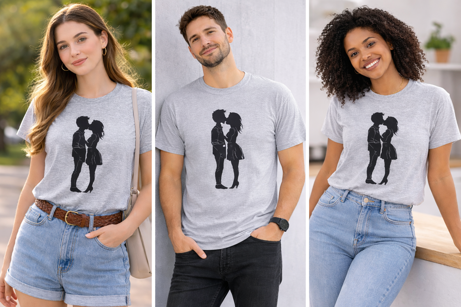 Silhouette Couple Kiss T-Shirt | Romantic Couple Silhouette Tee