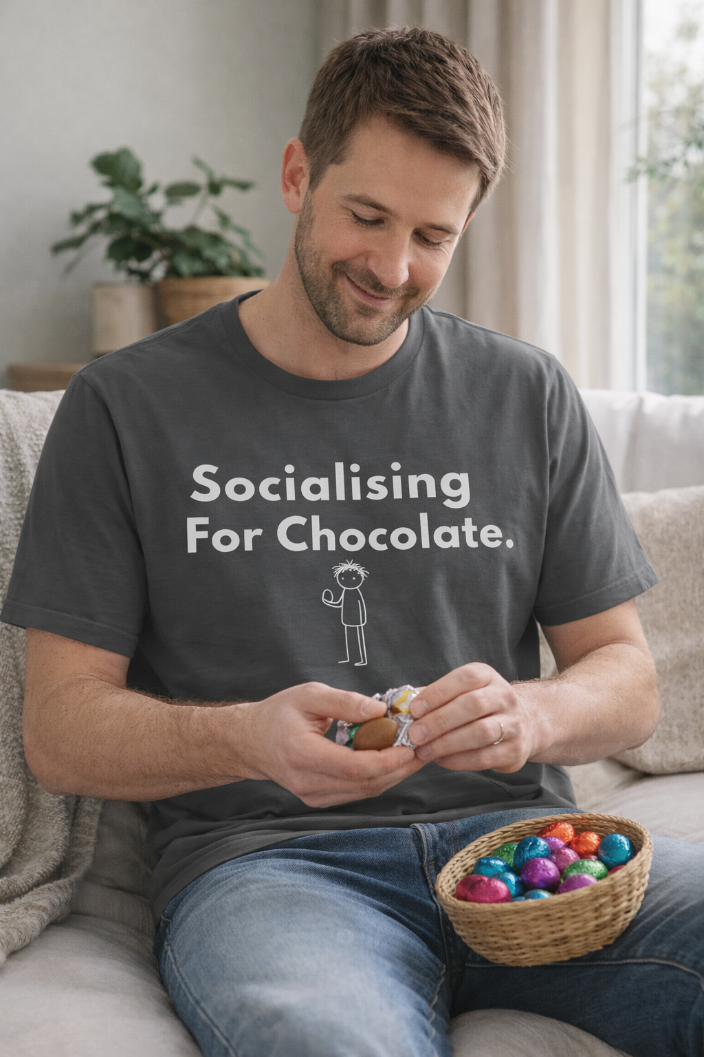 Socializing For Chocolate T-Shirt | Funny Easter Shirt | Chocolate Lover Gift Tee | Introvert Humor Graphic Shirt | Minimal Statement Tee