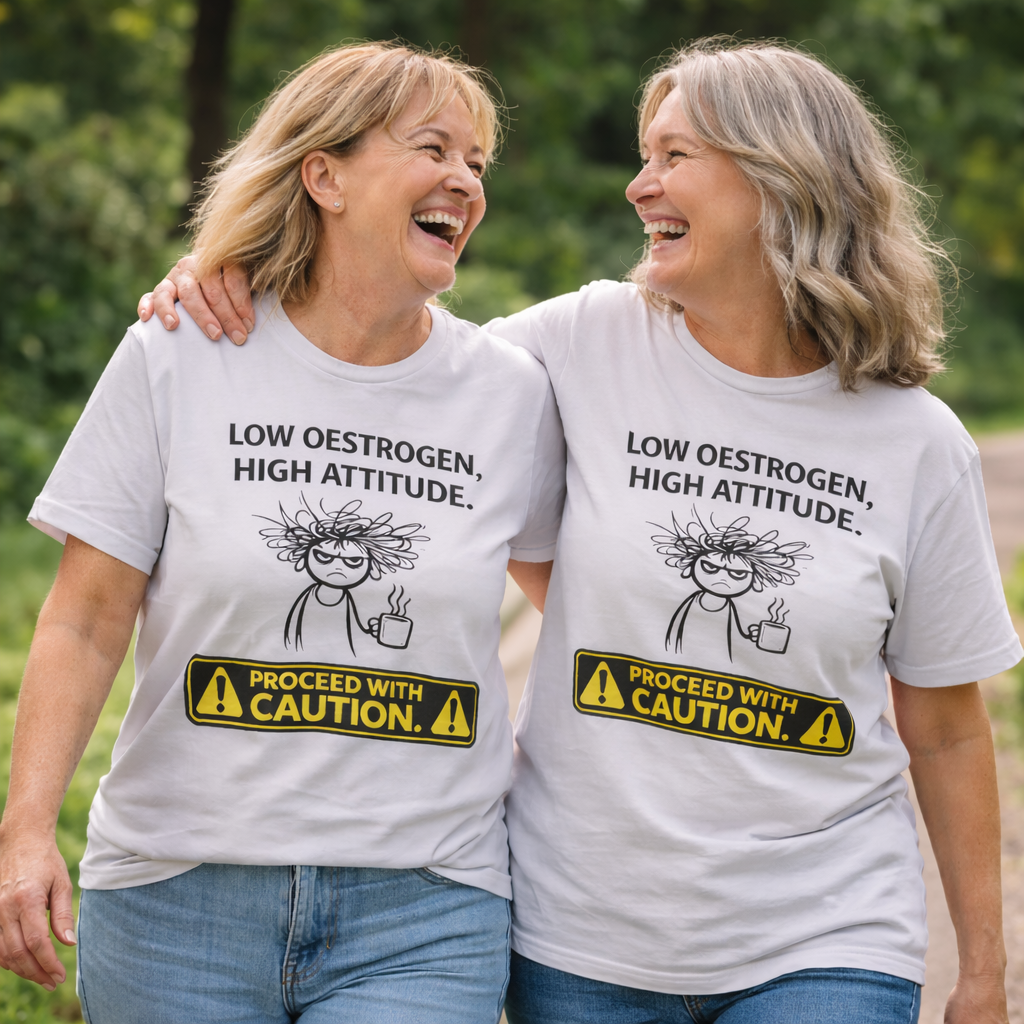Low Oestrogen High Attitude T-Shirt – Funny Menopause Shirt for Women – Aussie Hormone Humour Tee – Perimenopause Gift – Proceed With Caution Graphic Top