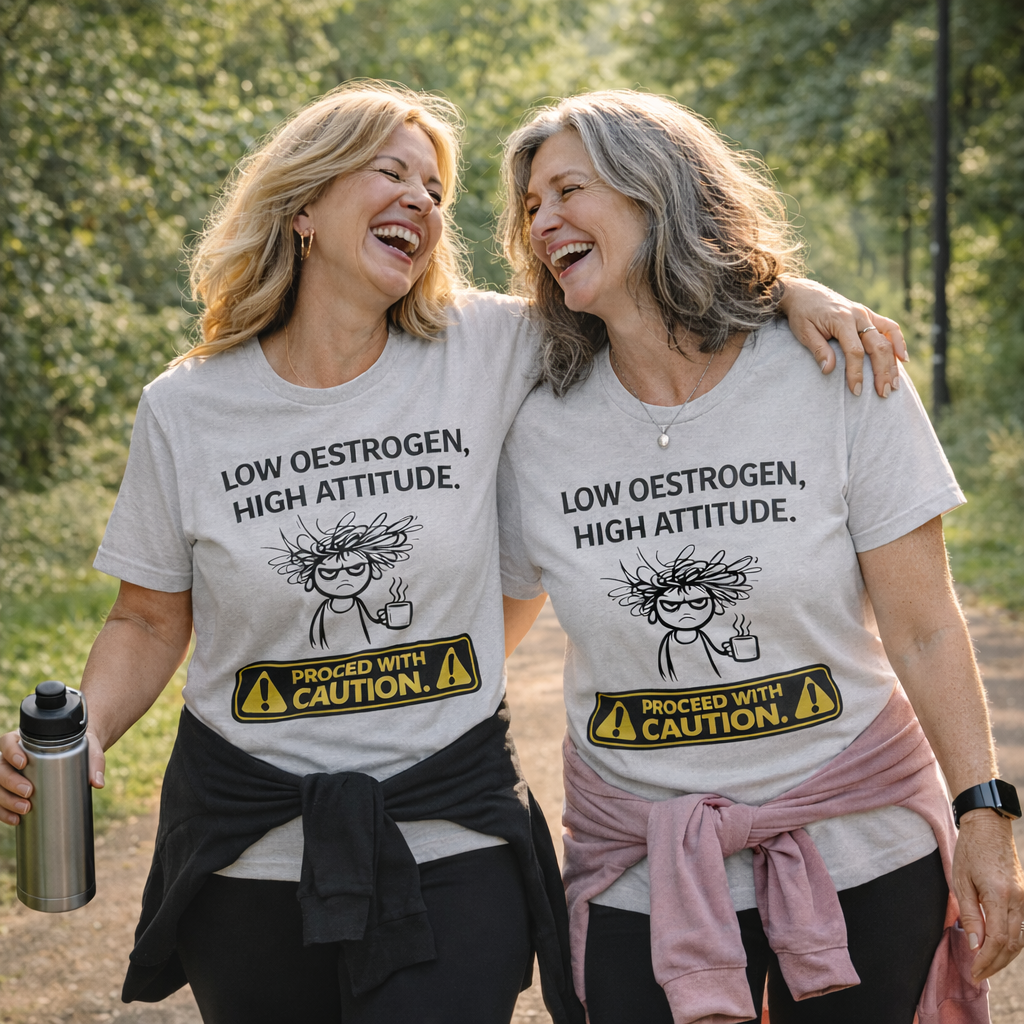 Low Oestrogen High Attitude T-Shirt – Funny Menopause Shirt for Women – Aussie Hormone Humour Tee – Perimenopause Gift – Proceed With Caution Graphic Top