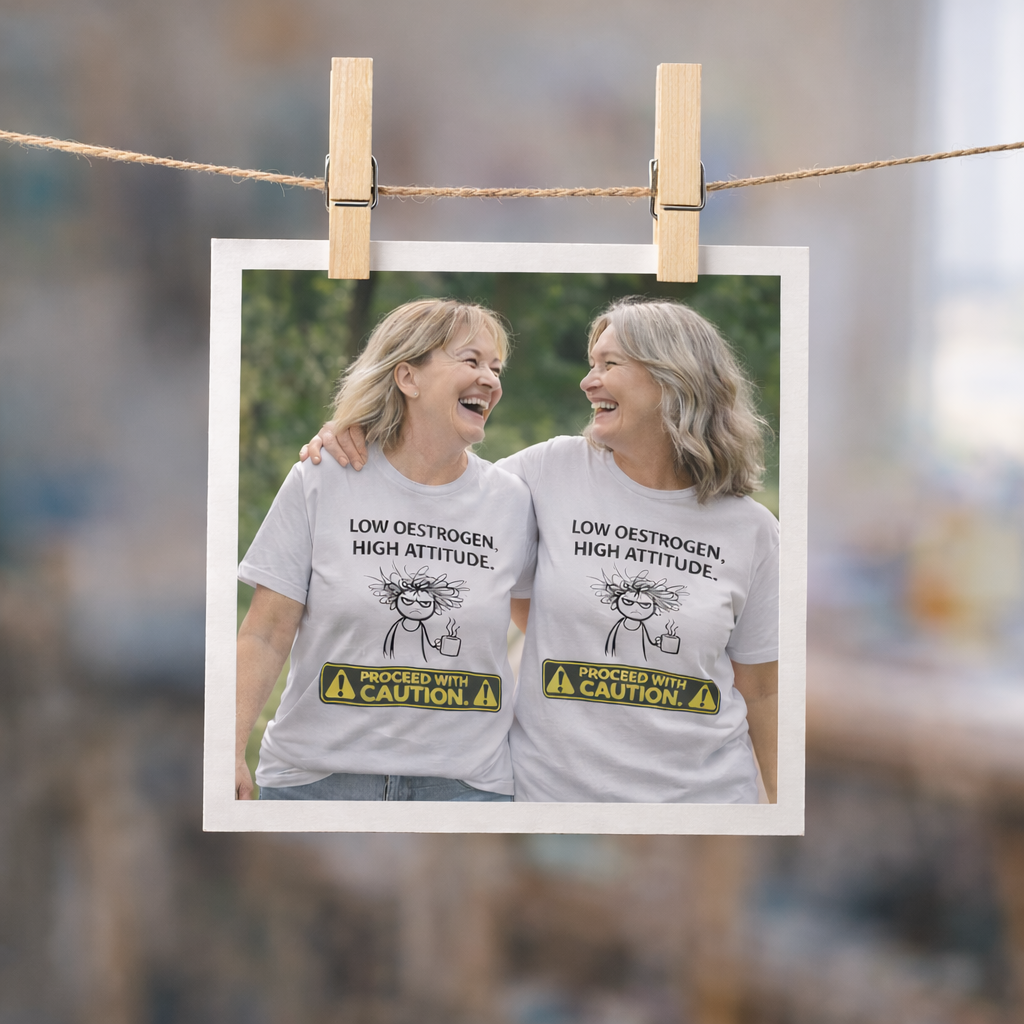 Low Oestrogen High Attitude T-Shirt – Funny Menopause Shirt for Women – Aussie Hormone Humour Tee – Perimenopause Gift – Proceed With Caution Graphic Top