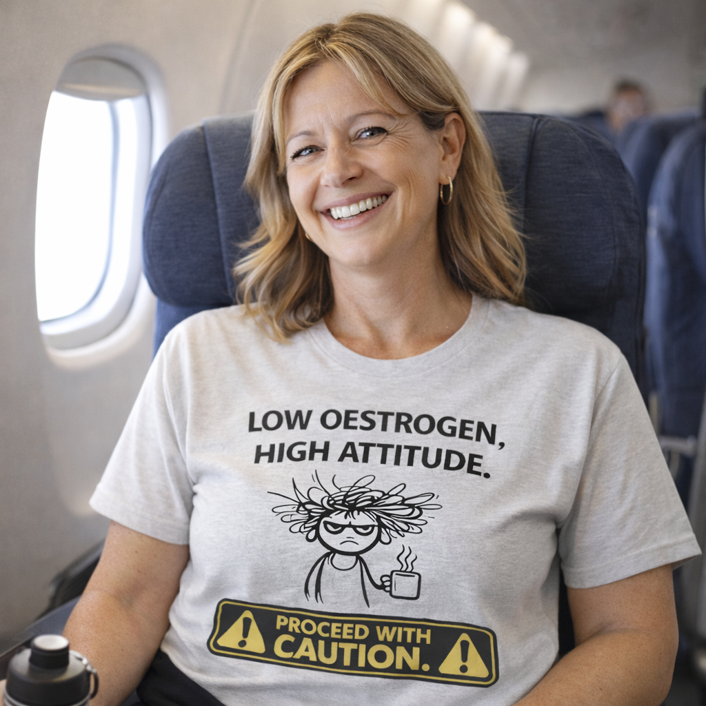 Low Oestrogen High Attitude T-Shirt – Funny Menopause Shirt for Women – Aussie Hormone Humour Tee – Perimenopause Gift – Proceed With Caution Graphic Top