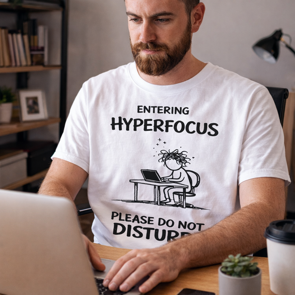 Entering Hyperfocus please do not disturb T-Shirt | Focused Work Desk Illustration