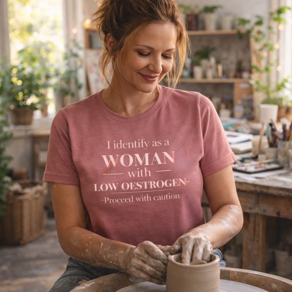 Funny Menopause T-Shirt – I Identify as a Woman with Low Oestrogen | Perimenopause Humor Graphic Tee for Women