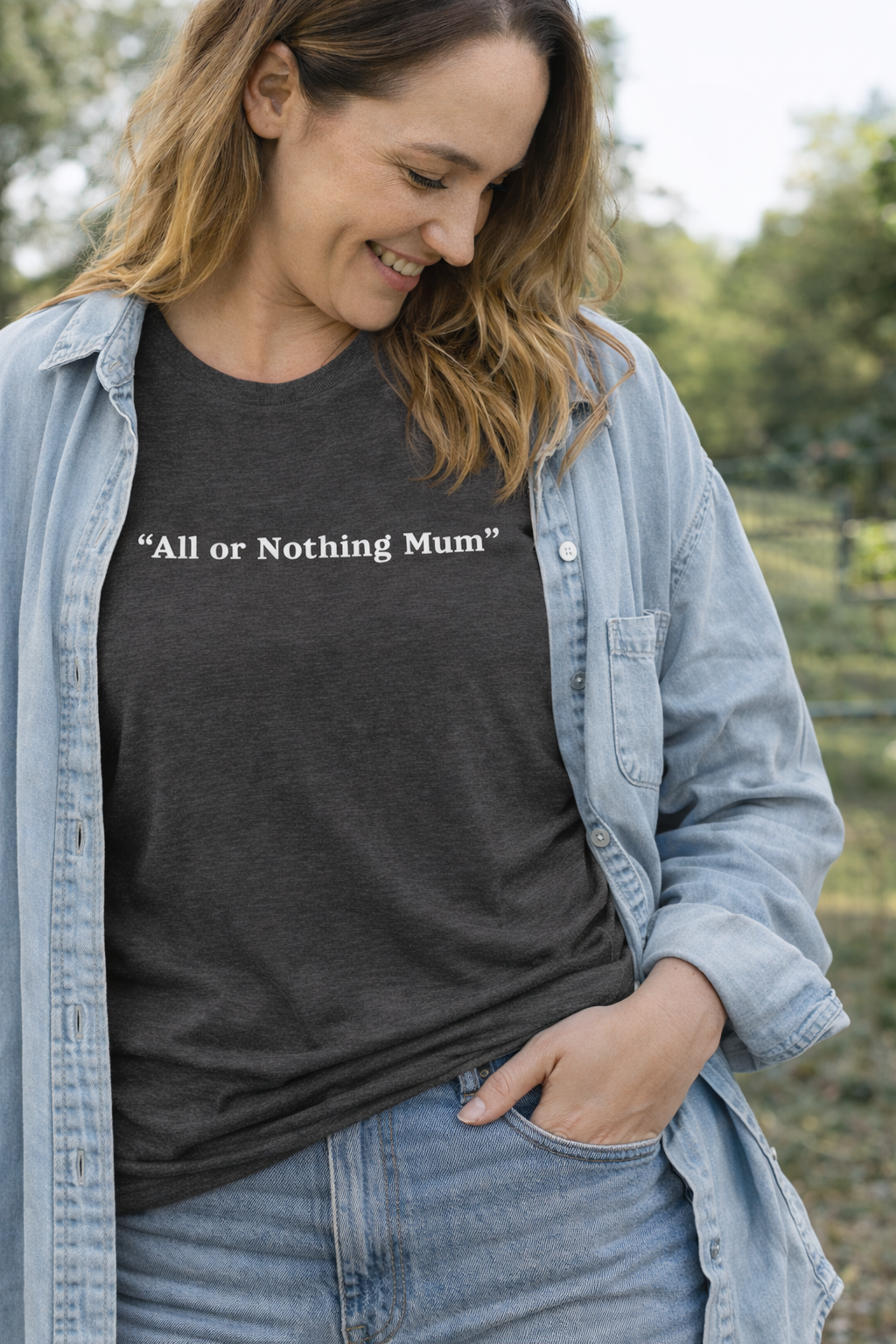 “All or Nothing Mum” T-Shirt – Minimalist Graphic Tee for Mums, Available in Heather Mauve & Dark Heather Grey