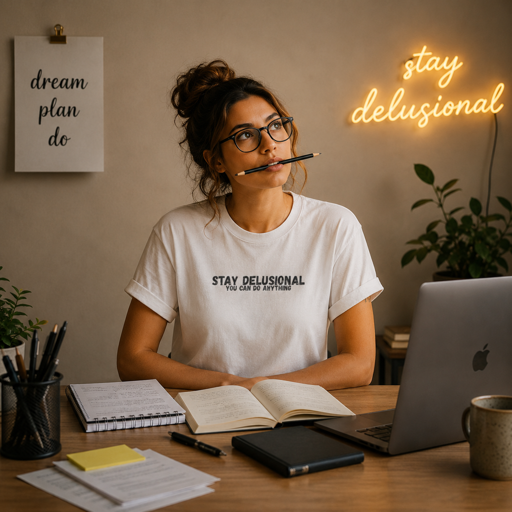 Stay Delusional T-Shirt | Motivational Graphic Tee for Entrepreneurs, ADHD, Self Growth & Mindset
