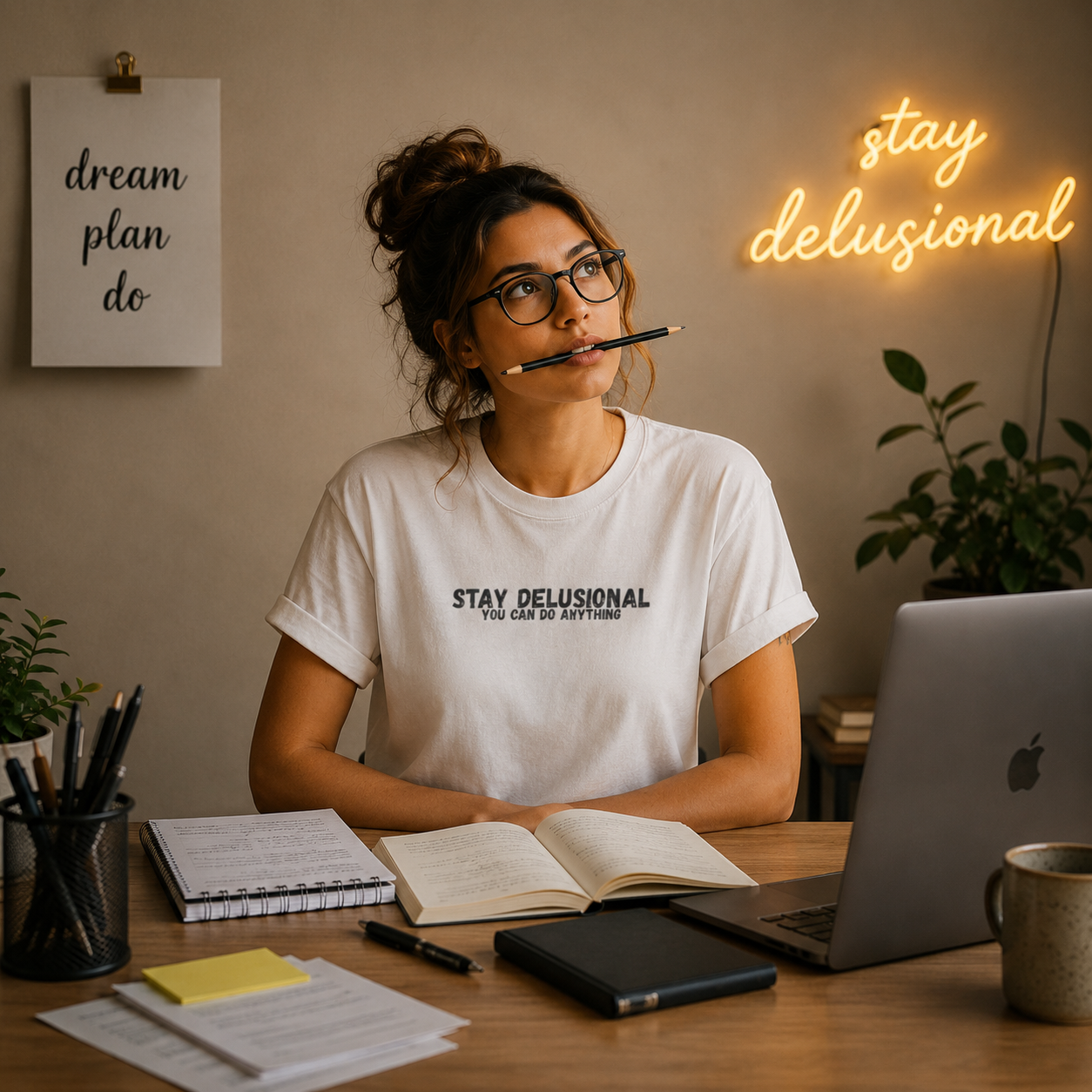 Stay Delusional T-Shirt | Motivational Graphic Tee for Entrepreneurs, ADHD, Self Growth & Mindset