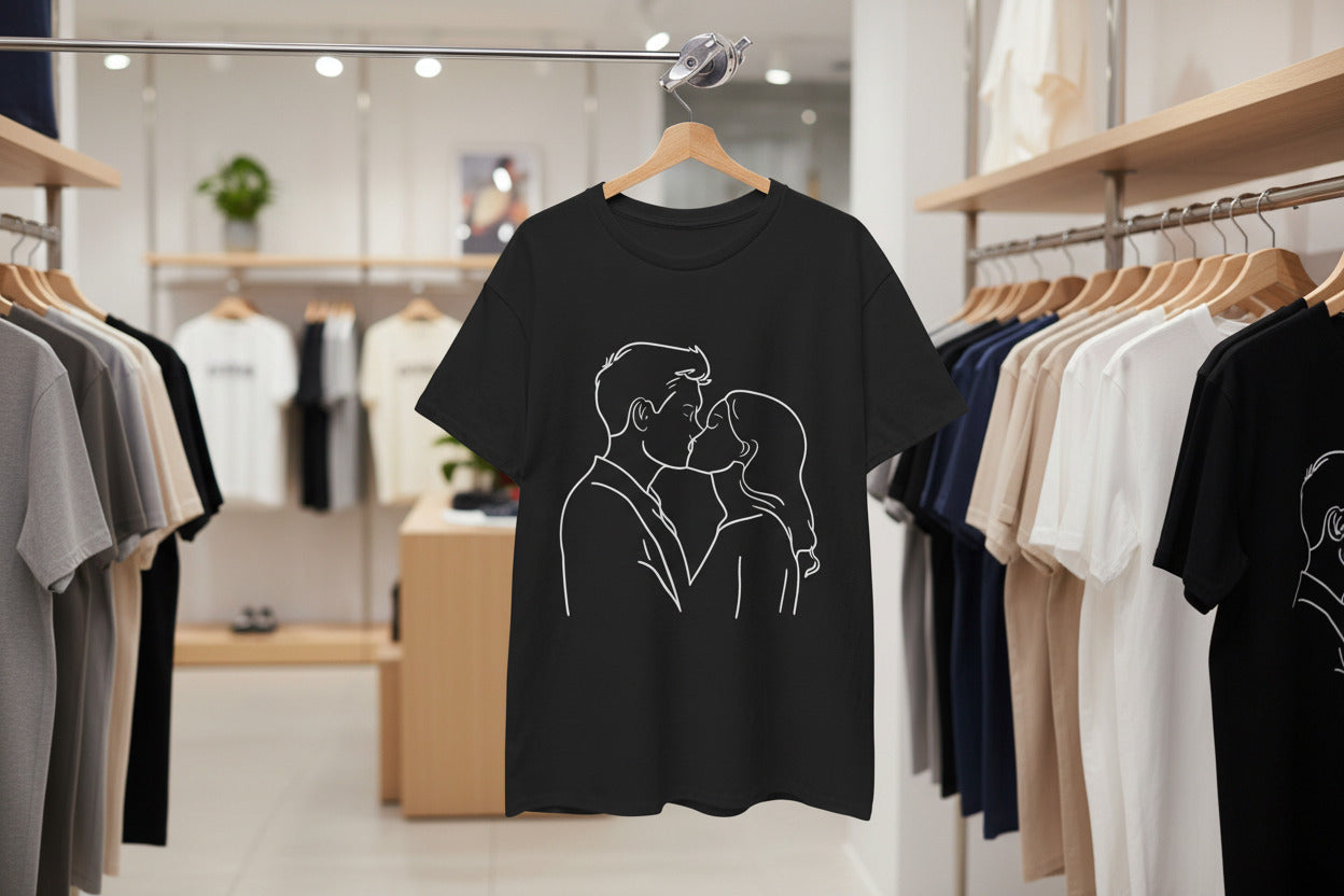 Minimal Line Art Couple Kissing T-Shirt, Romantic Unisex Cotton Tee, Simple Love Illustration Shirt, Modern Relationship Gift