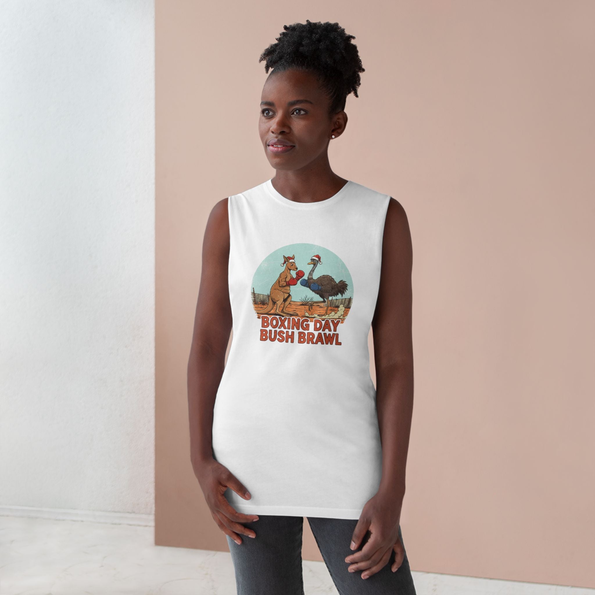 Boxing Day Bush Brawl Tank Top — Aussie Roo vs Emu Retro Graphic