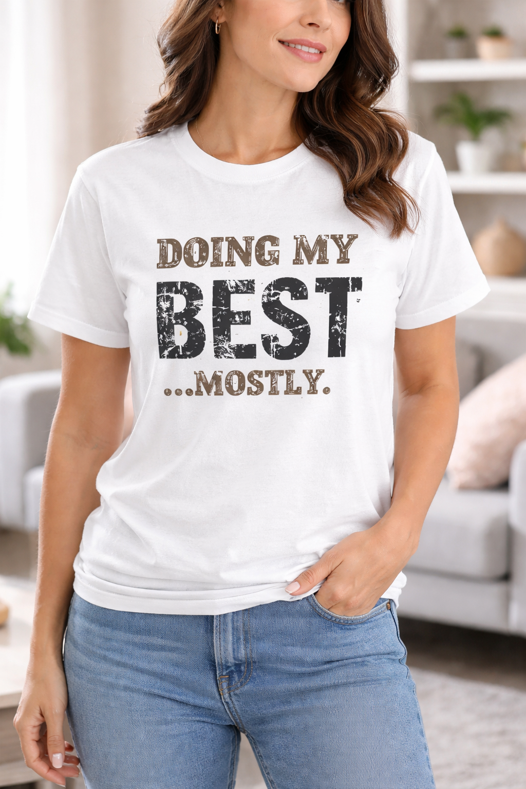 Graphic Tee — "Doing My Best...Mostly." Distressed Motivational T-Shirt