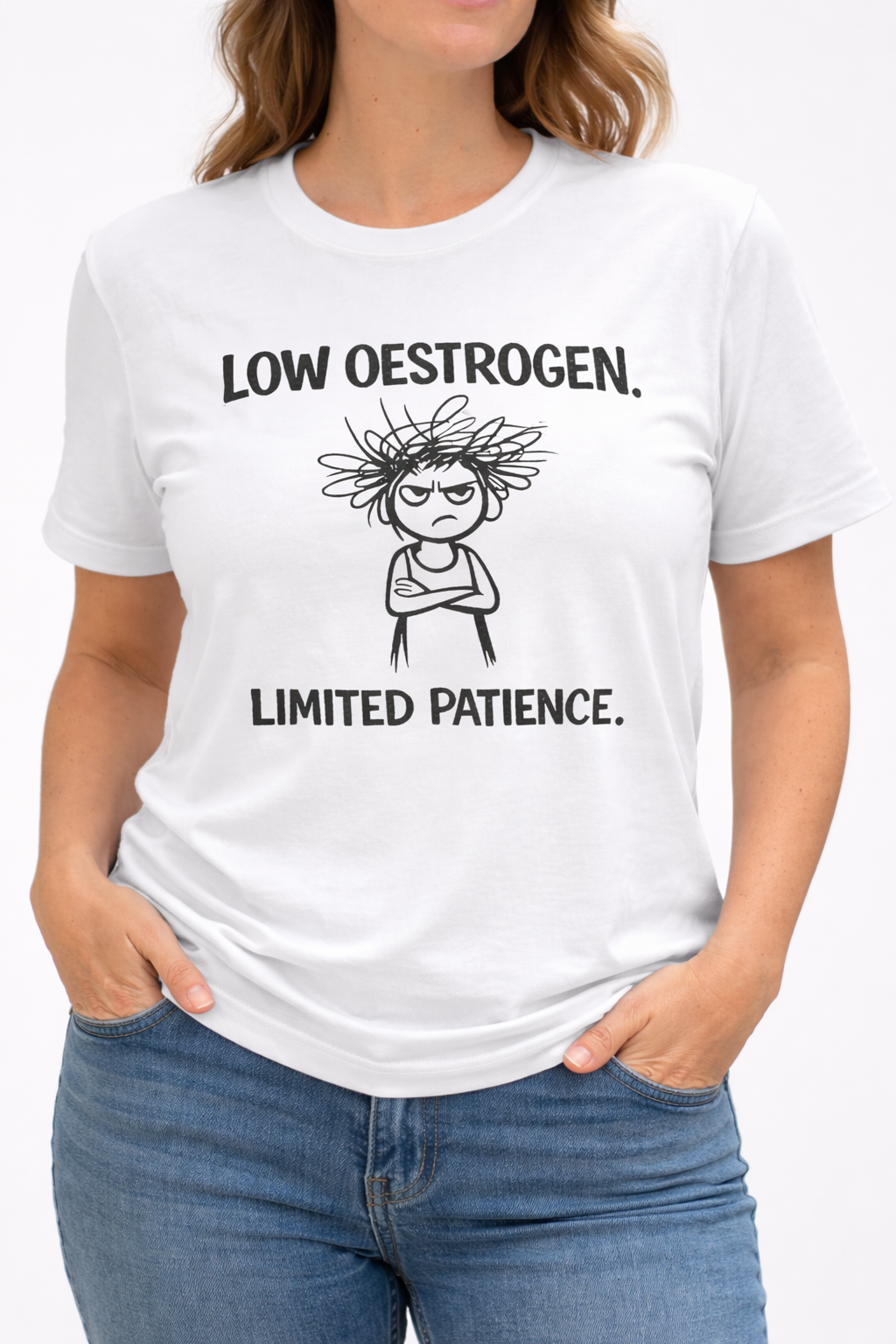 Low Oestrogen, Limited Patience Menopause T-Shirt | Funny Gift for Women in Menopause