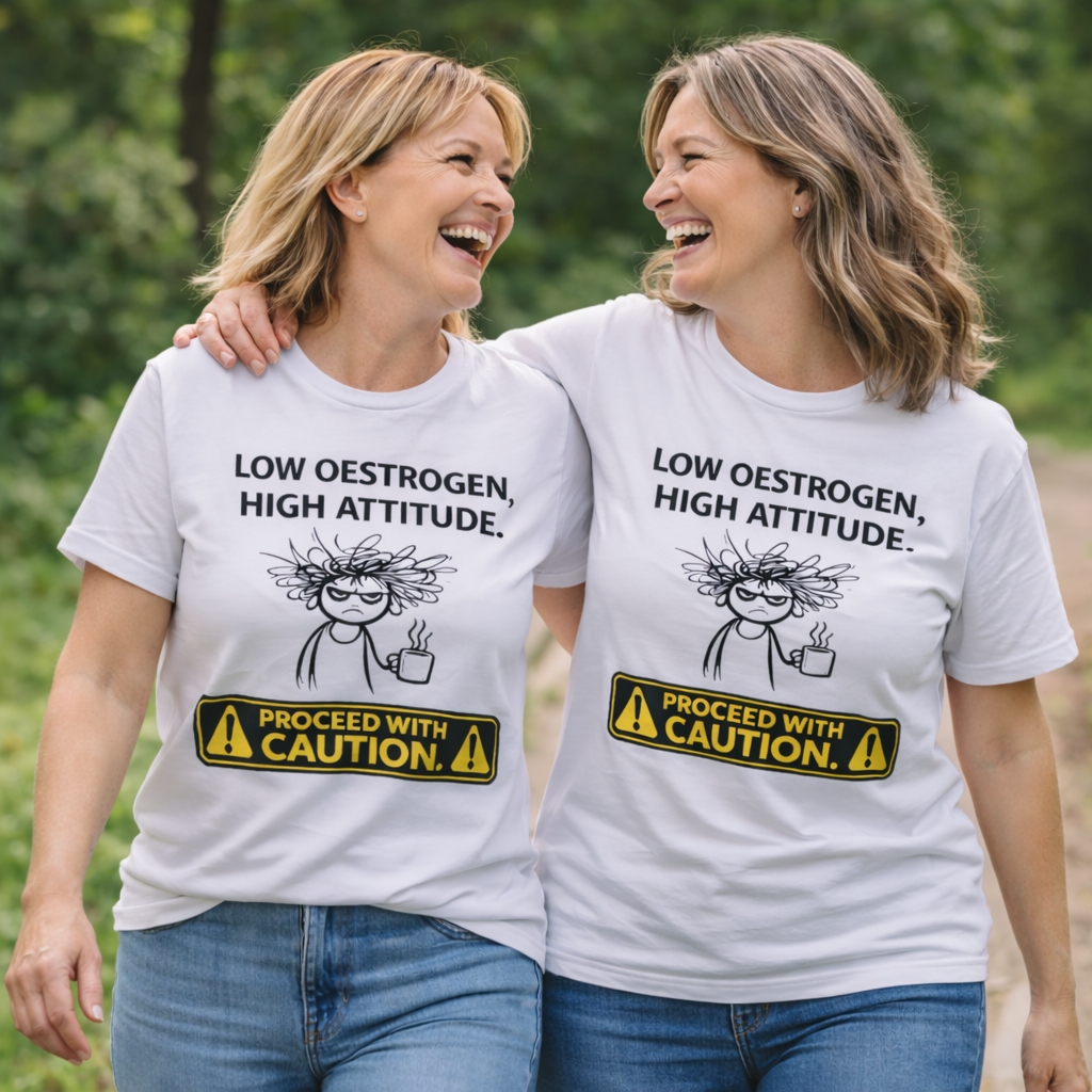 Low Oestrogen High Attitude T-Shirt – Funny Menopause Shirt for Women – Aussie Hormone Humour Tee – Perimenopause Gift – Proceed With Caution Graphic Top