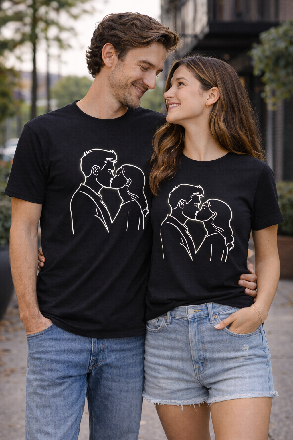 Minimal Line Art Couple Kissing T-Shirt, Romantic Unisex Cotton Tee, Simple Love Illustration Shirt, Modern Relationship Gift