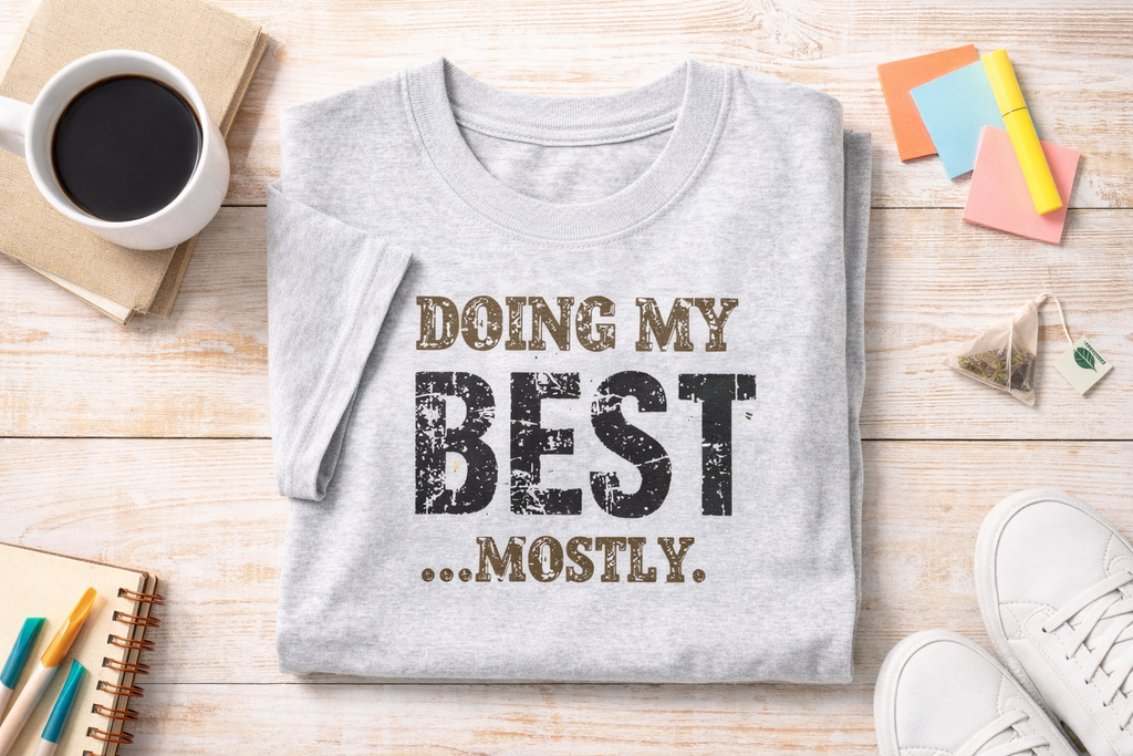 Graphic Tee — "Doing My Best...Mostly." Distressed Motivational T-Shirt