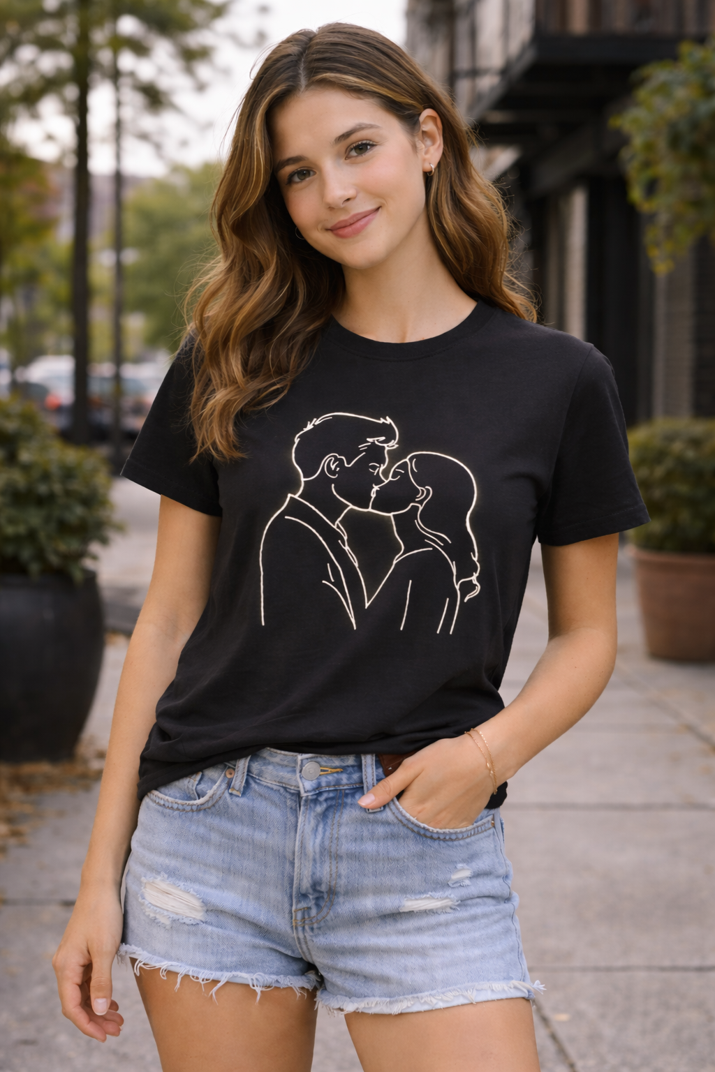 Minimal Line Art Couple Kissing T-Shirt, Romantic Unisex Cotton Tee, Simple Love Illustration Shirt, Modern Relationship Gift