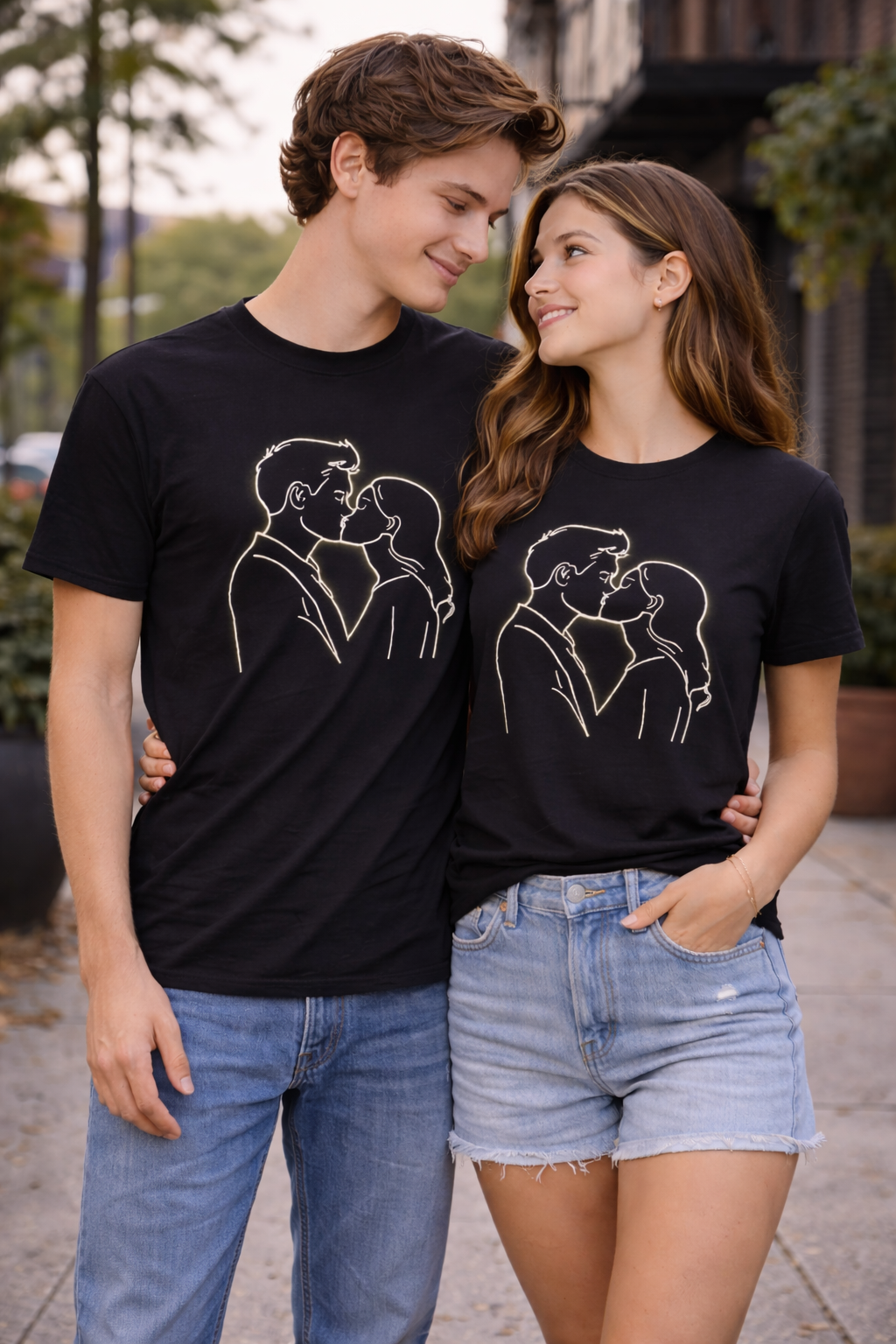Minimal Line Art Couple Kissing T-Shirt, Romantic Unisex Cotton Tee, Simple Love Illustration Shirt, Modern Relationship Gift