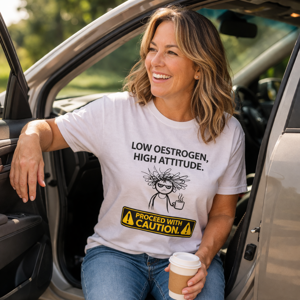 Low Oestrogen High Attitude T-Shirt – Funny Menopause Shirt for Women – Aussie Hormone Humour Tee – Perimenopause Gift – Proceed With Caution Graphic Top
