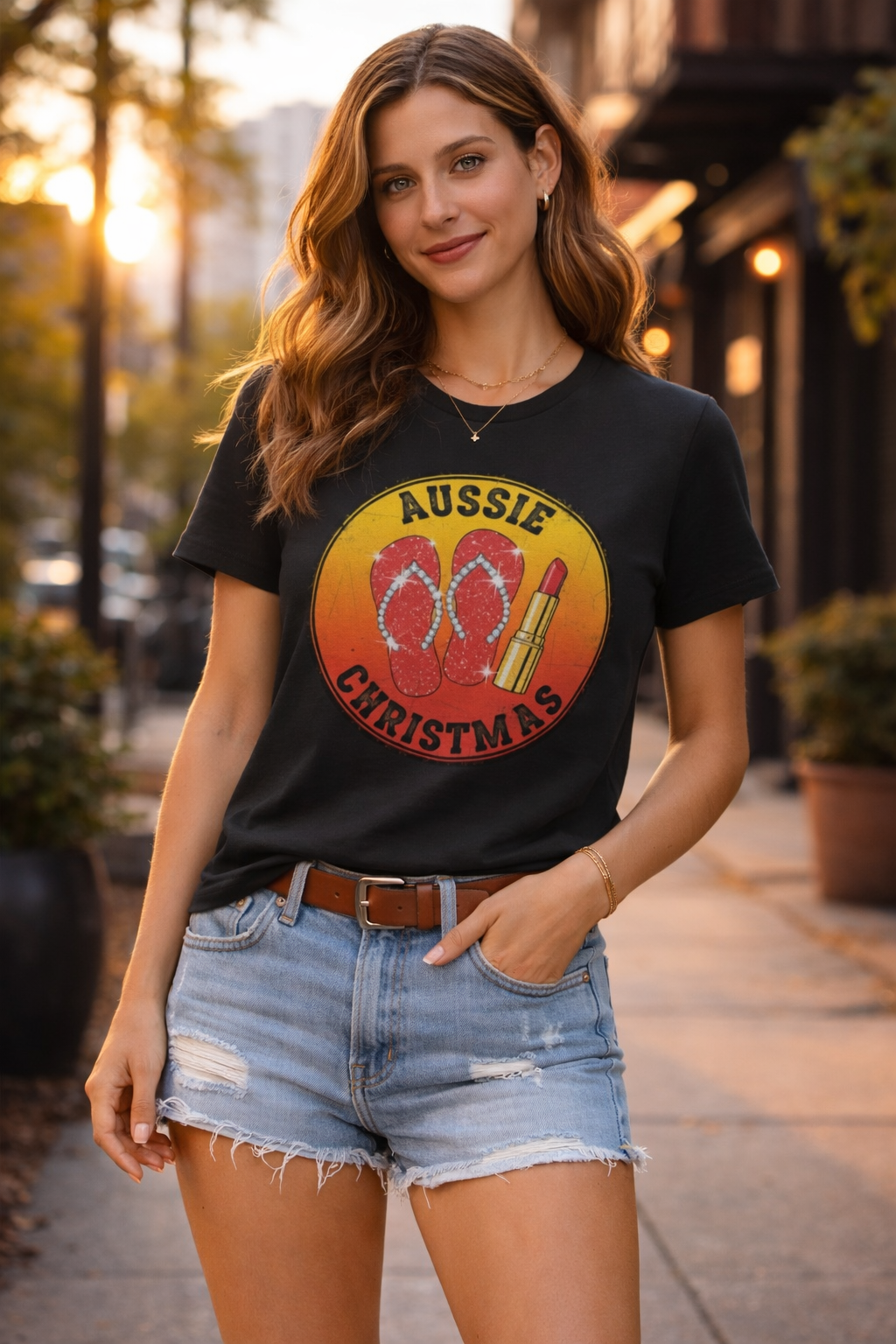 Women's Tee - Aussie Christmas Glam Diamenti Thongs and Lipstick Design